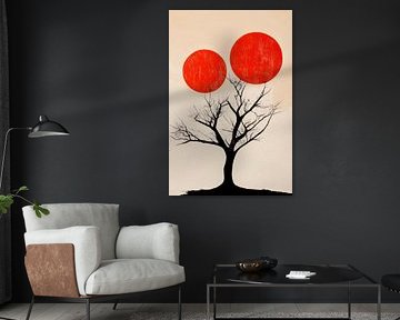 Arbre avec des soleils rouges - Graphisme minimaliste sur Poster Art Shop