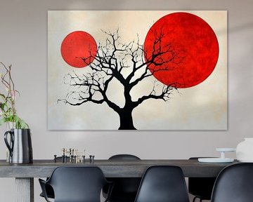 Boom en rode cirkels - Modern kunstwerk van Poster Art Shop