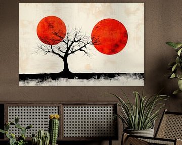 Baum vor roten Sonnen – Minimalistisch von Poster Art Shop