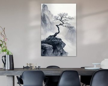 Arbre solitaire dans le brouillard - Paysage asiatique sur Poster Art Shop