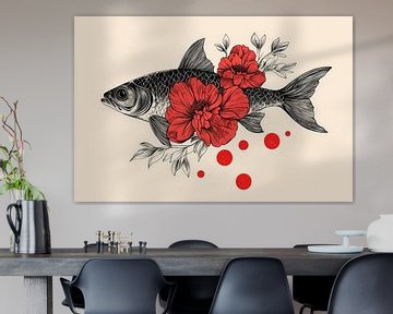Fish with red flowers - artfully combined by Poster Art Shop