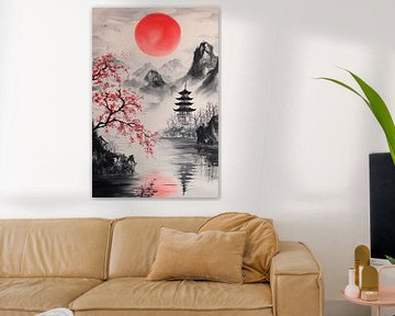 Japanese landscape with red sun by Poster Art Shop