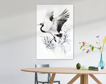 Kraanvogel in vlucht - Aquarel kunst van Poster Art Shop