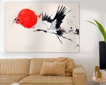 Crane flight in front of a red sun by Poster Art Shop