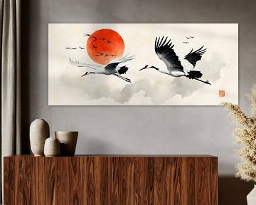 Kraanvogels bij zonsondergang - Japanse stijl van Poster Art Shop