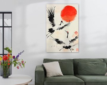 Cranes in the sunset - Asian Art by Poster Art Shop