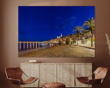 Menton beach and old town by night - France by Werner Dieterich