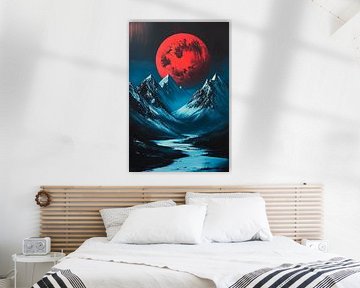 Rode maan boven besneeuwde bergen van Poster Art Shop