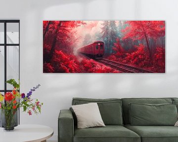 Rode trein in het mistige bos van Poster Art Shop