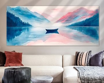 Tranquil mountain landscape with boat by Poster Art Shop