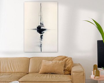 Zeilboot in stilstaand water - zwart-wit van Poster Art Shop
