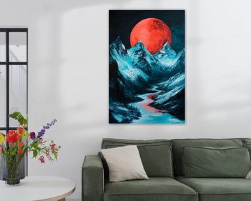 Rode maan boven besneeuwde bergen van Poster Art Shop