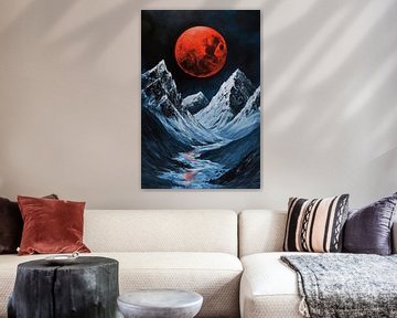 Rode maan boven besneeuwde bergen van Poster Art Shop