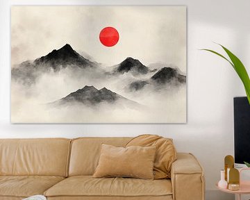 Mountain landscape with red sun by Poster Art Shop