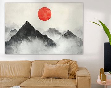Mountain landscape with red sun by Poster Art Shop
