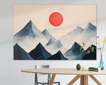 Mountain landscape with red sun by Poster Art Shop