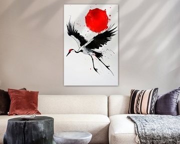 Crane in front of a red sun - Watercolour art by Poster Art Shop