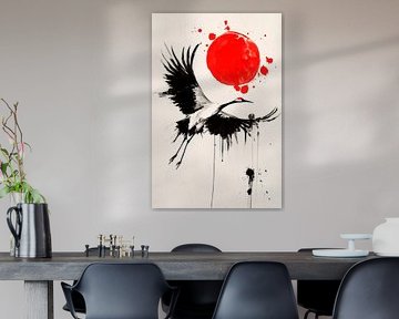 Crane in flight - Red sun by Poster Art Shop