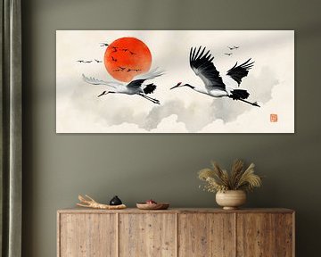 Kraanvogels bij zonsondergang - Japanse stijl van Poster Art Shop