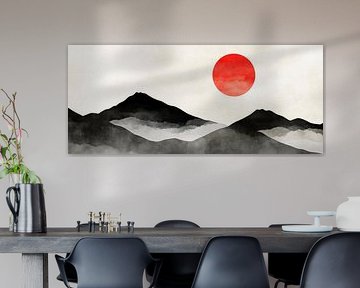 Red sun over a mountain silhouette by Poster Art Shop