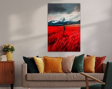 Red field dream with mountain backdrop by Poster Art Shop