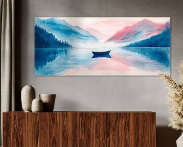 Tranquil mountain landscape with boat by Poster Art Shop