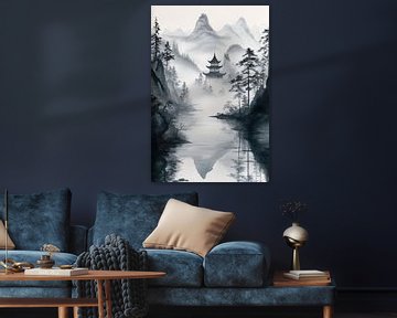 Berglandschaft mit Tempel – Aquarell und Nebel von Poster Art Shop