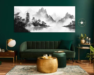 Mountain landscape with pagoda - watercolour style by Poster Art Shop