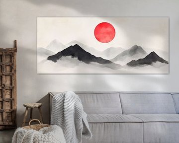 Mountain landscape with red sun by Poster Art Shop