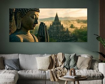 Buddha with temple in the background by Poster Art Shop