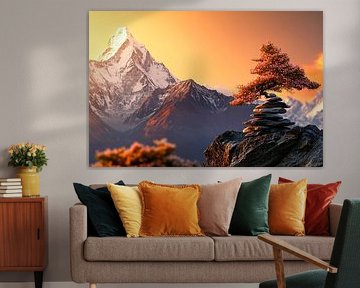 Bonsai en berglandschap bij zonsondergang van Poster Art Shop