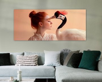 Woman with crane - Elegant encounter by Poster Art Shop