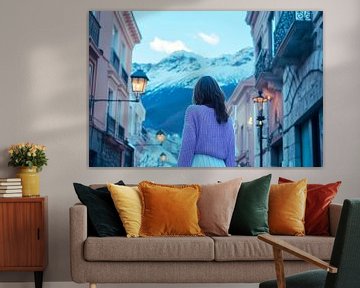 Vrouw in berglandschap - Zachte kleuren van Poster Art Shop