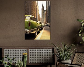 Groene taxi's in de stad van Poster Art Shop