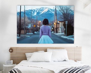 Girl on street with mountain view by Poster Art Shop