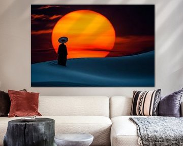 Homme en méditation au coucher du soleil sur Poster Art Shop