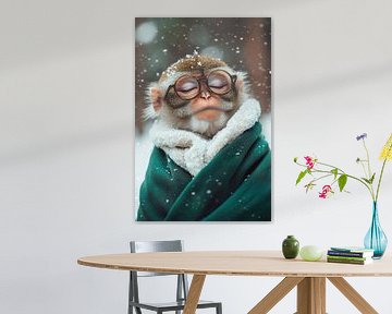 Sneeuwaap met skibril - gezellig ingepakt van Poster Art Shop