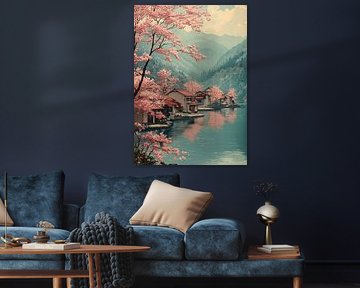 Japanese art print: The houses by the lake by Niklas Maximilian