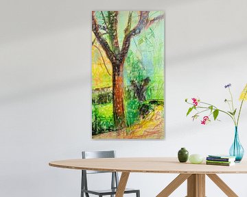 Kleurrijk schilderij van uitzicht op de tuin van Liesbeth Serlie