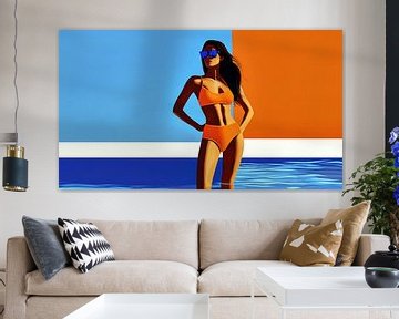 Woman in pool with orange bikini by Frank Heinz