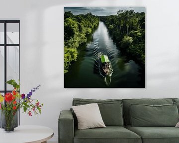 Vue aérienne d'un bateau de pêche dans la forêt tropicale avec canal et plantes vertes