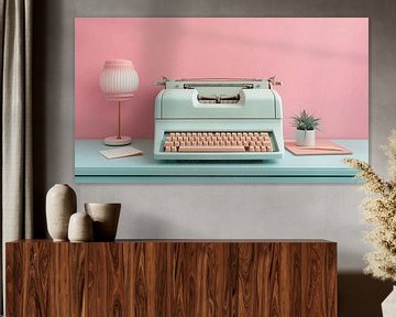 Oude typemachine in vintage retro mockup stijl met roze muur op de achtergrond van Animaflora PicsStock