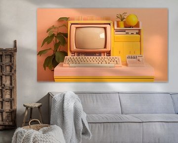 Alter Retro-Computer und Blumen mit orange Wandhintergrund im Büro, Vintage-Kunstdesign