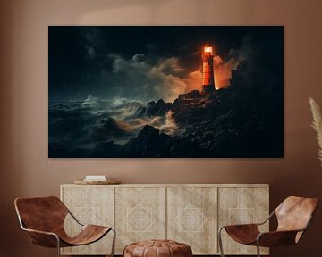 Red lighthouse at night, lighthouse in the fog of a North Sea storm by Animaflora PicsStock