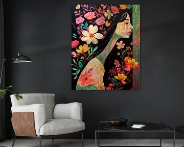 Moderne collage van een vrouw met bloemen van Studio Pieternel
