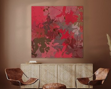 Kleurrijke abstracte botanische kunst. Bladeren in rood, roze, paars, taupe. van Dina Dankers