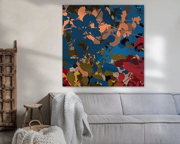Kleurrijke abstracte botanische kunst. Bladeren in wijnrood, koraal, blauw, groen. van Dina Dankers
