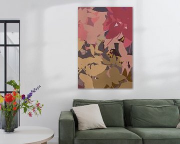 Kleurrijke abstracte botanische kunst. Bladeren in warm grijs, roze, geel, groen. van Dina Dankers