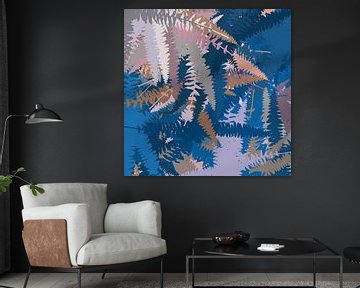 Kleurrijke abstracte botanische kunst. Varens in blauw, roze, lila. van Dina Dankers