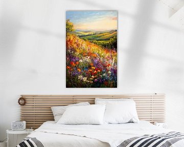 Bloeiende weideheuvel in het ochtendlicht van Poster Art Shop